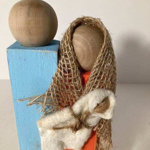 Handmade Rustic Wood Block Nativity Joseph Mary Jesus Blue Orange #1 - Picture 2 of 7